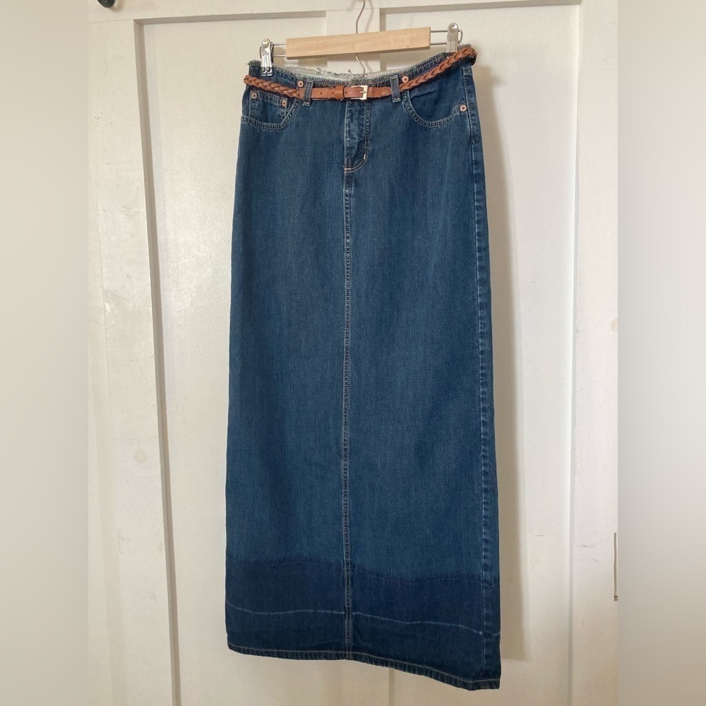 Manager Canada denim maxi skirt size 28 raw edge waist hem slit skirt distressed